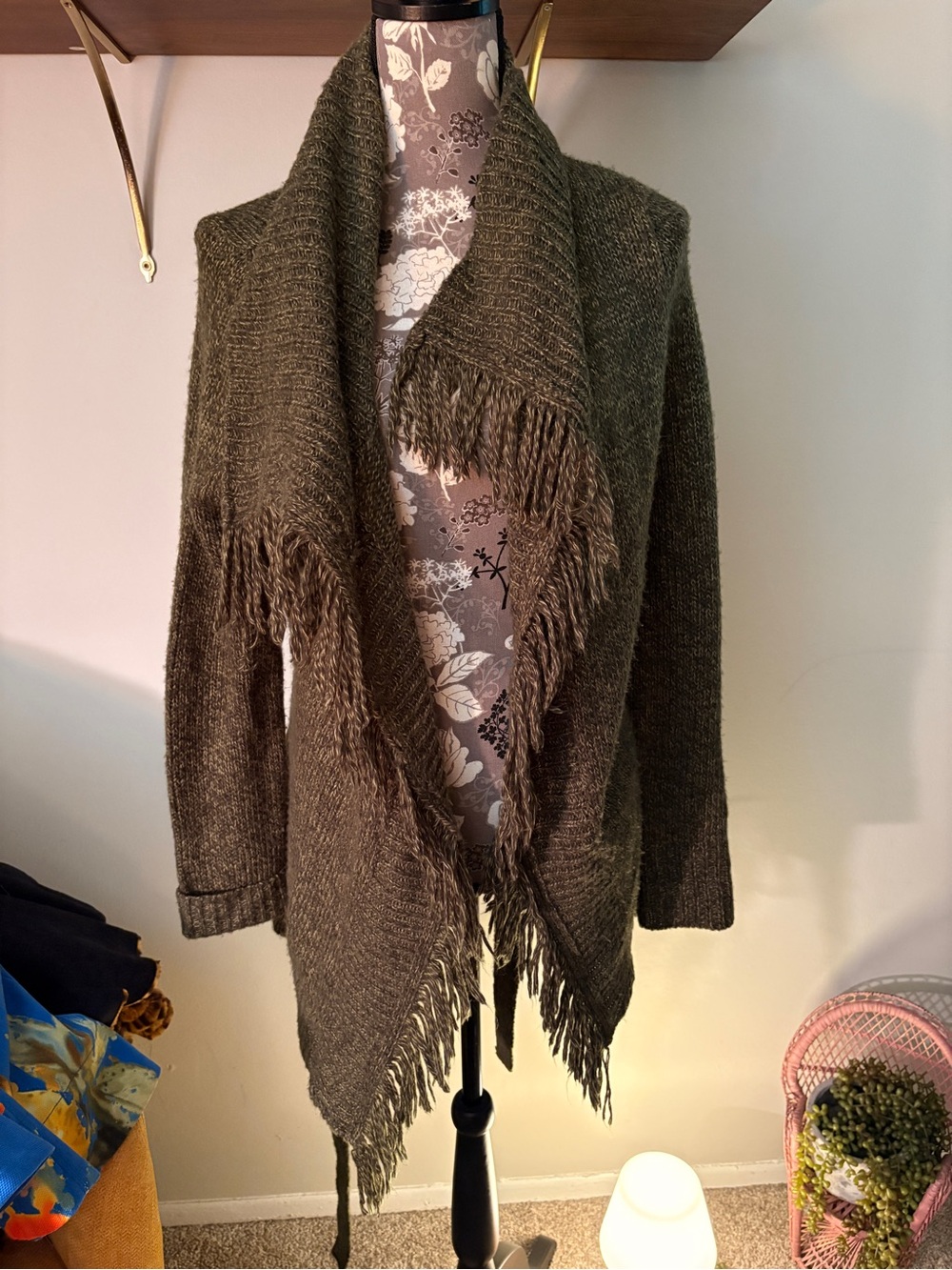 89th & Madison Dark Olive Green Fringe Cardigan Sweater Belted L